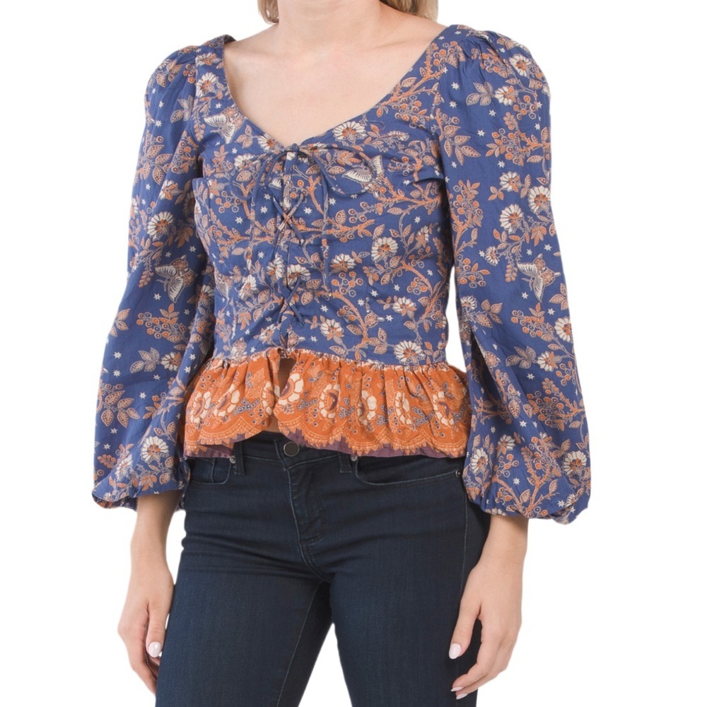 House of Harlow Bohemian Floral Lace Up Long Sleeve Blouse